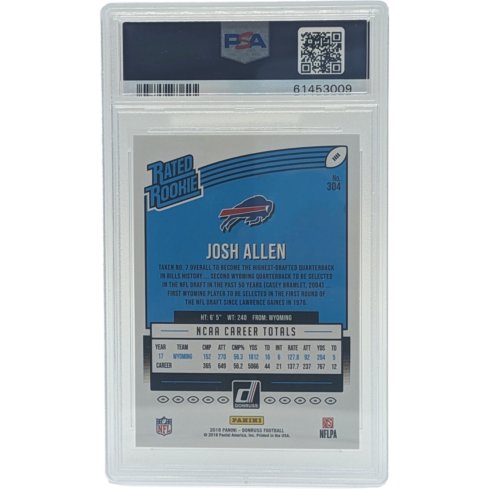 Josh Allen Rated Rookie Card 2018 Panini Donruss #304 PSA 10 Gem Mint Bills view 2