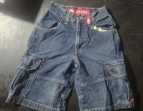 JNCO Kid's Vintage 90s Y2K Embroidered Blue Jean Shorts Size 8 Tribals Red Crown - Picture 7 of 9