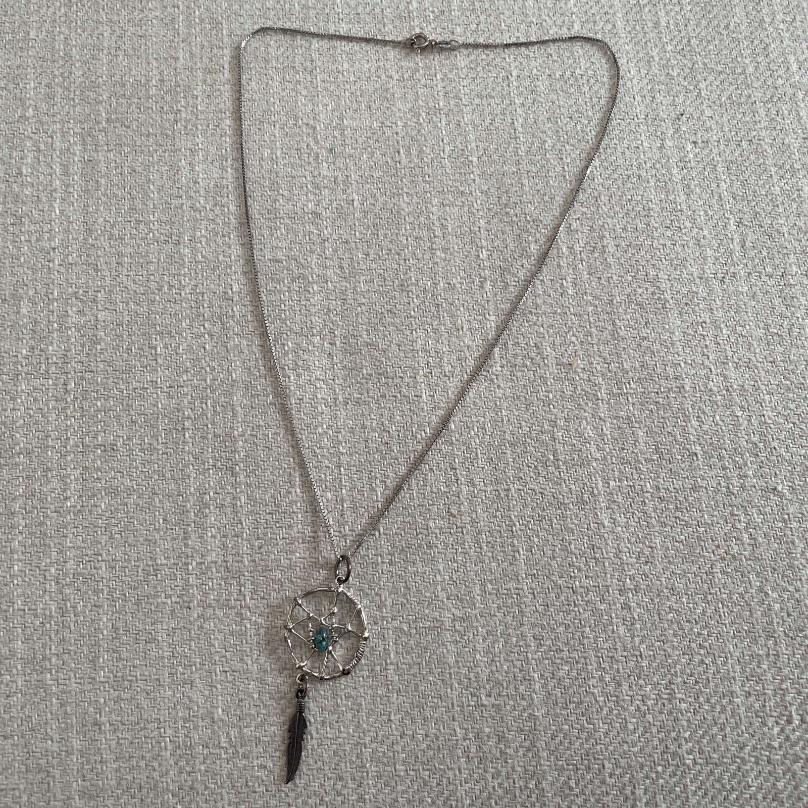 Sterling Silver Chain Dream Catcher Feather Turquoise pendant necklace Boho