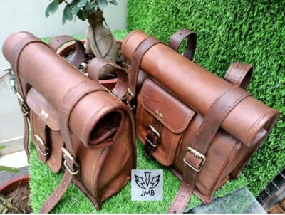 2Roll Bag Leather Motorcycle Saddle Bags Saddlebags Pouch Brown Side Panniers