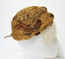 Vintage Golden Brown Mr. John Demi-Chapeau w Gold Velvet Bows, Veil Side Combs