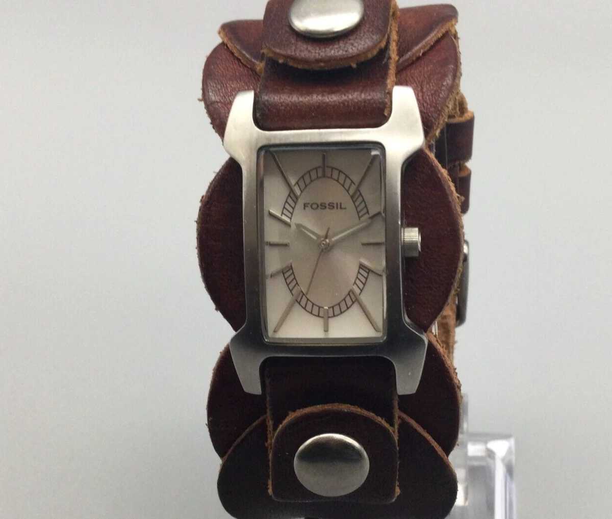 Fossil Watch Women Silver Tone Tank Wide Leather Cuff Band New Battery