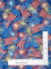 Patriotic American Flag Fireworks Fabric Gold Accents Blue Cotton VIP By Yard