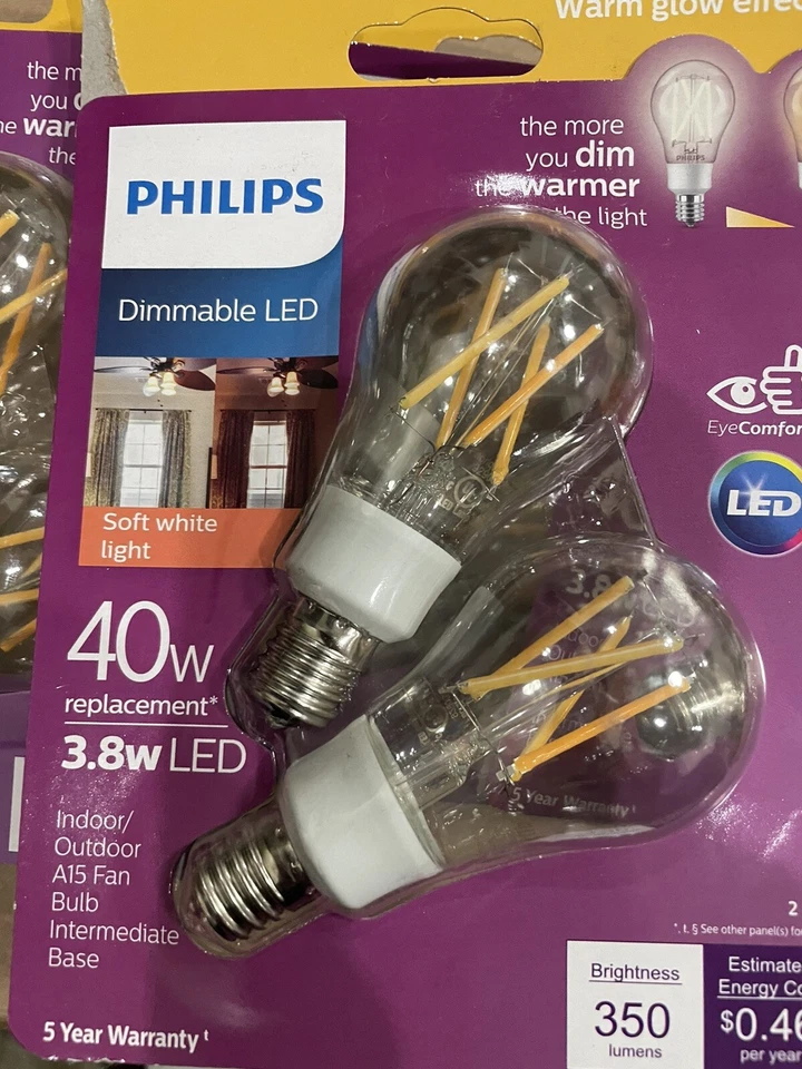 6X2PK Philips Warm Glow 40W Equivalent Soft White A15 E17 Base Dimmable LED Bulb - Image 2 of 4