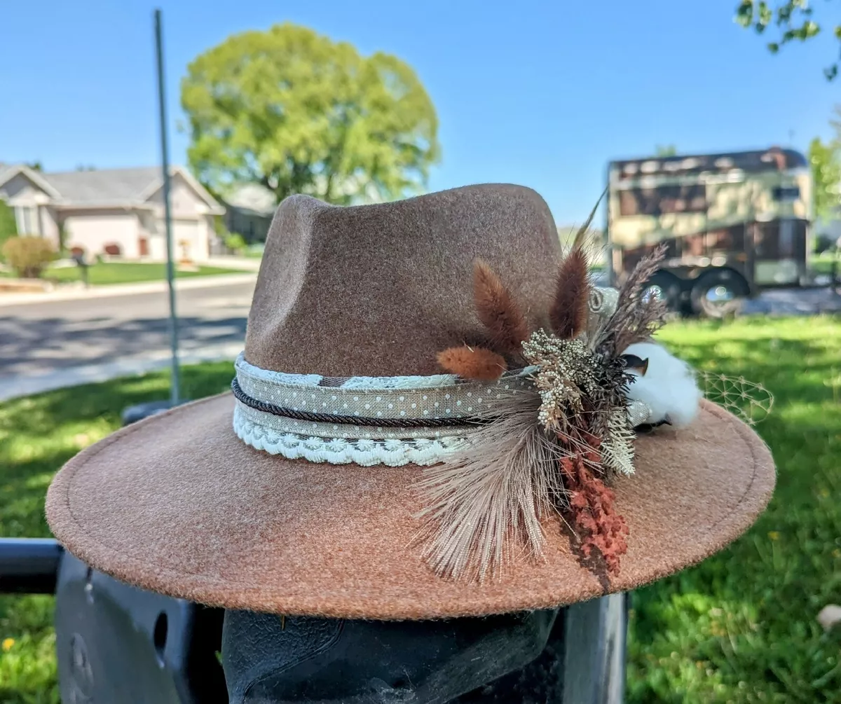 Customized Western Felt Hat Feathers Boho, Wedding, Photography, Pampas Band