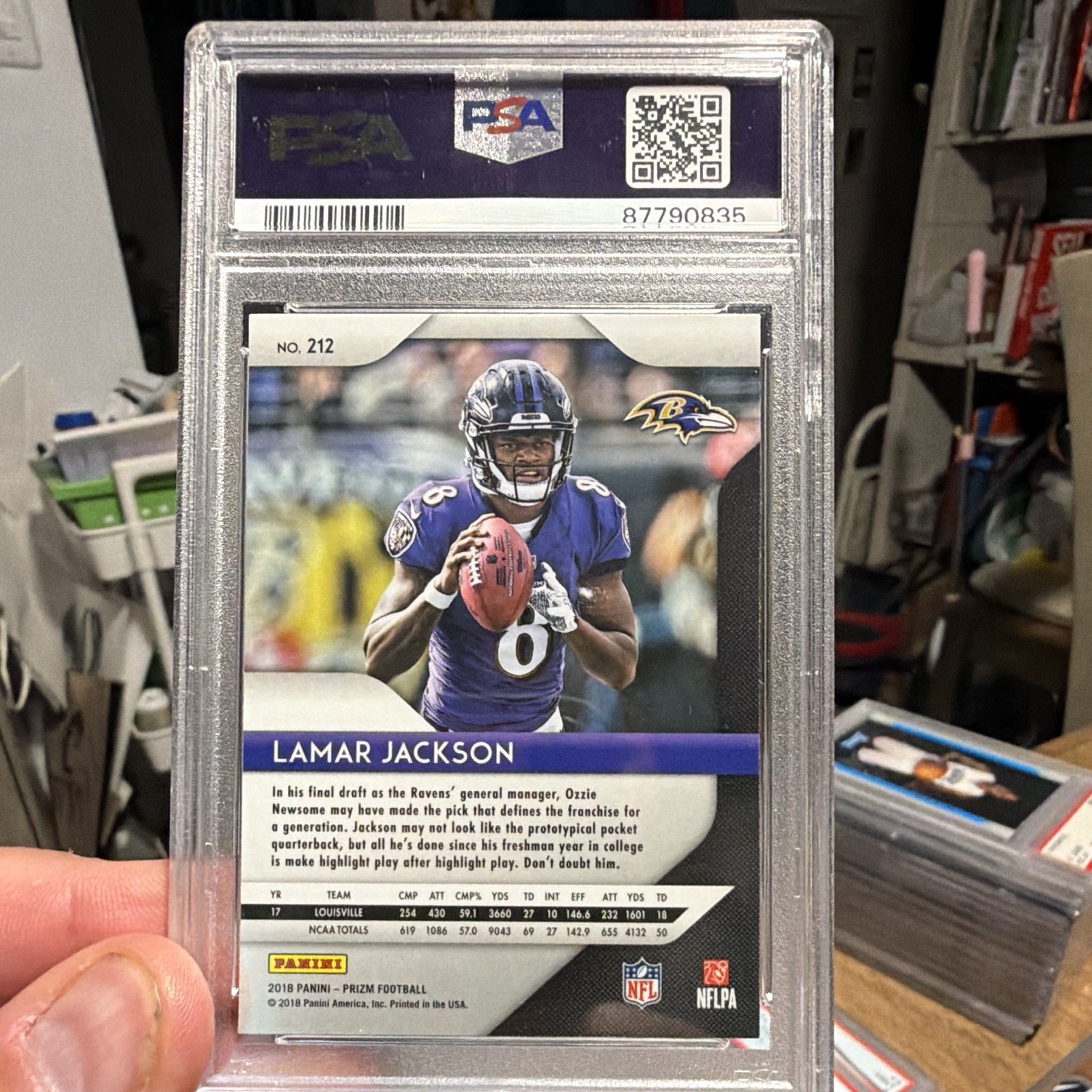 Panini 2018 Prizm Lamar Jackson #212 RC PSA 8 Baltimore Ravens Base view 2