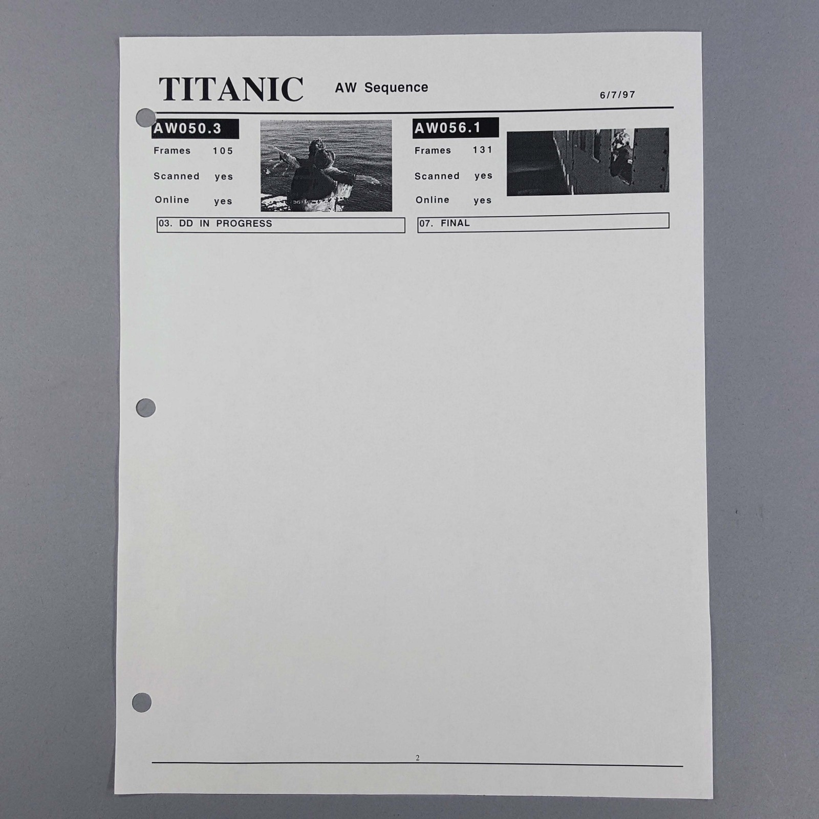 Titanic AW Sequence VFX Shot Tracker Report Shots, Rose, Jack, Prop COA