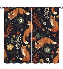 Autumn Fox Curtains Colorful Botanical Floral Leaf Cartoon Cute Animal Fox Orang