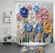 Watercolor Wildflower Pink and Blue Floral Shower Curtain Set for Bathroom Decor