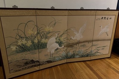 Vintage Shanghai Byobu 4 Panel Folding Hand Painted Wall Art Screen 72  X 36 