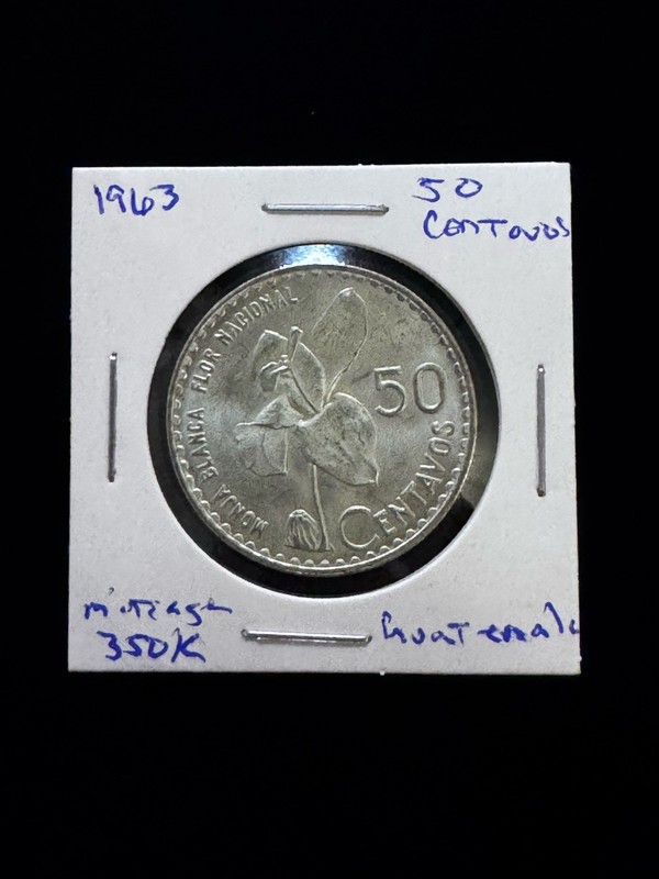 1963 Guatemala 50 Centavos Silver Coin BU   (350K Mintage)