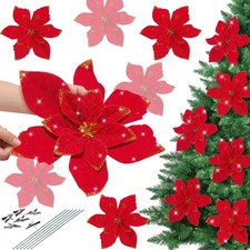 Artificial Poinsettia Flowers 6 Pcs 12 Inch Large Glitter Christmas Red