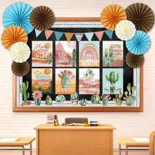 62 Pcs Boho Desert Classroom Bulletin Board Decorations with 3D Paper Fans