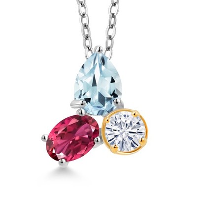 925 Sterling Silver and 10k Yellow Gold Aquamarine Pink Tourmaline and White
