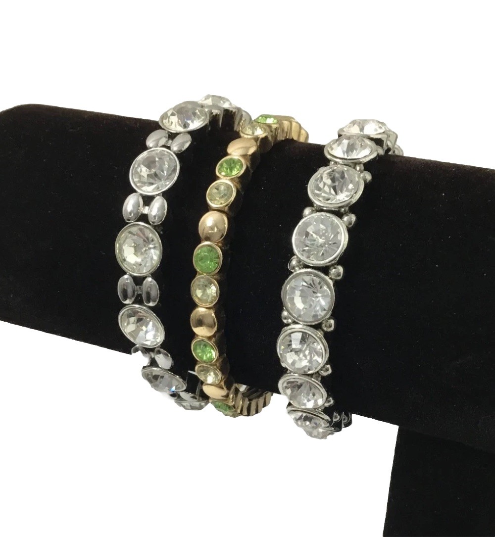 Rhinestone Stretch Bracelets 2 Silver Tone 1 Gold… - image 1