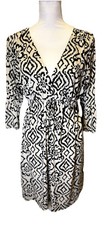 En Focus Women Geometric Ikat Faux Wrap Bell Sleeve Midi Casual Work Dress M