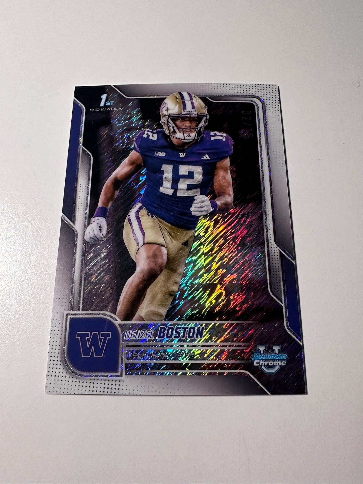 2025 Bowman University Chrome Denzel Boston White Shimmer Refractor 2/15 RC #34