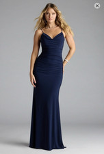 Mermaid Gown V-Neck Open Back Ruched Stretch Long Navy color Size XS