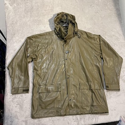 Helly Hansen Workwear Coat Mens Large Green Hooded Waterproof Rain Jacket PU