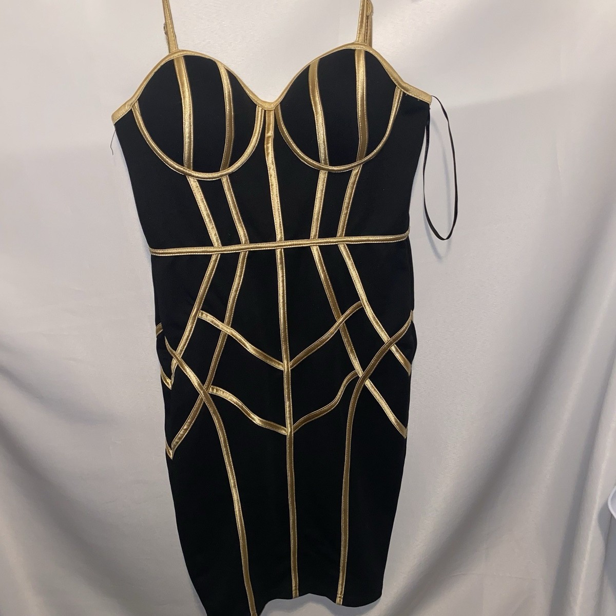 Women's Agaci Black Gold Bandage Bodycon Dress Small **broken zipper | eBay