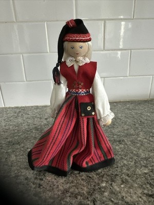 Vintage Folk Art Wooden Ethnic Doll Made in Estonia Traditional Costume Doll