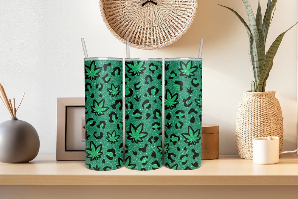 Tumbler Skinny 20oz  w/ Lid & Straw  Weed Leaf Cannabis Marijuana 420