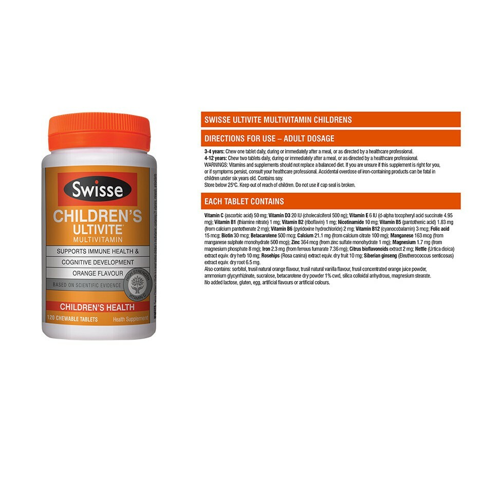 Swisse Children's Ultivite Chewable Multivitamin Orange Flavour 120