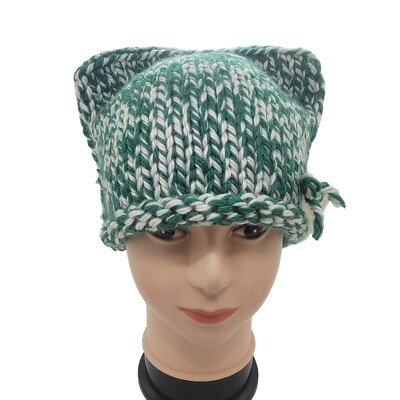 OZ Chunky Hand-Knit Hat cat Adult unisex Beanie hats green white pink Soft cozy