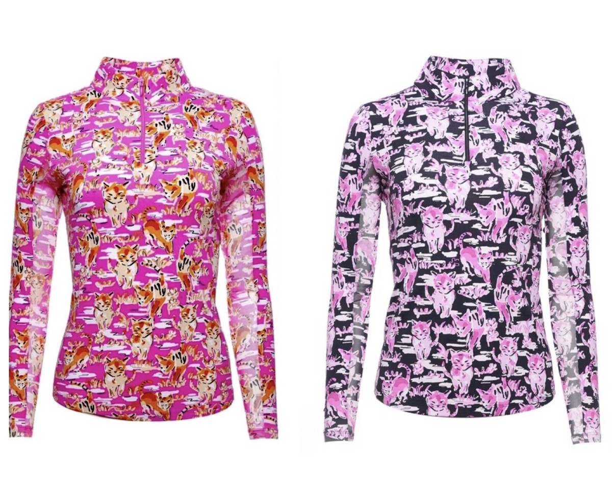 IBKUL Long Sleeve Women Golf Top Sammy Cat Print Black Pink