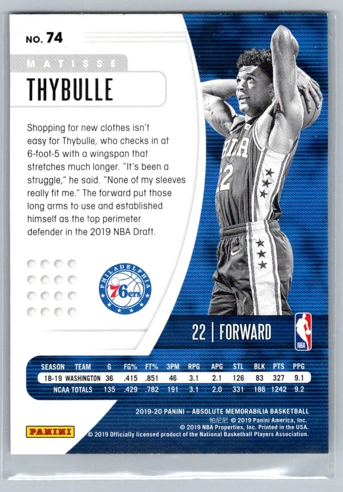 2019-20 Panini Absolute Memorabilia Matisse Thybulle RC Philadelphia 76ers #74 - Image 2 of 2