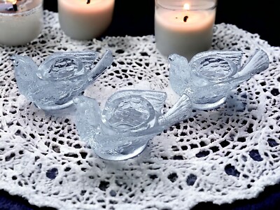 Vintage Clear Glass BIRD WITH BERRY Open Salt Dip Cellars - Set of 3
