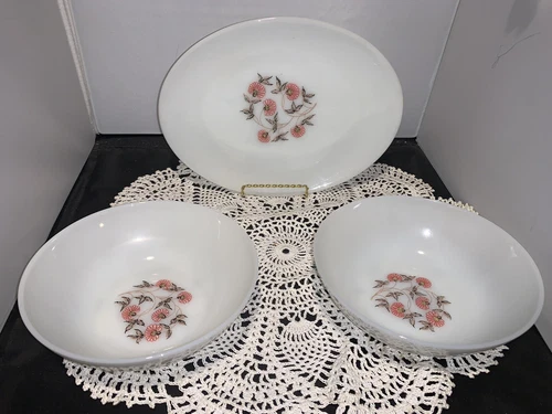 Vintage 12”Fire King Fleurette Milk Glass Oval Serving Platter And Serving Bowls