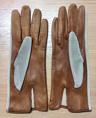 Vintage hellbraune Kinderhandschuhe aus Leder und cremefarbenem Netz S
