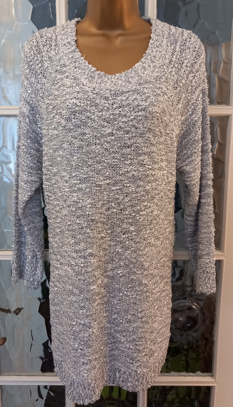 Bon Marche Ladies Sequin Jumper White & Silver Grey 3/4 Sleeve Size