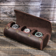Watch Roll Case Vintage Crazy Horse Leather 3 Slot Travel Storage Organizer