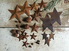 33pc Sample Lot Rusty Metal Barn Stars Jingle Bells Wire Folk Art Craft Supplies