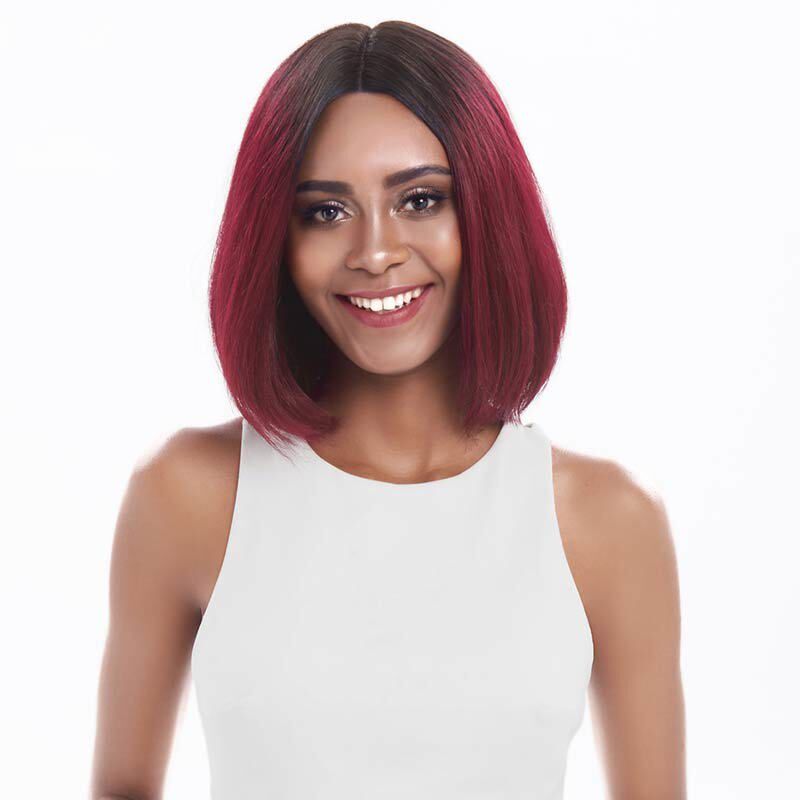 Women Wine Red Heat Resistant Synthetic Straight Ombre Bob Wig Bangs 10 Inch Short Bob Straight Wigs Dark Roots Ombre Wine Red Synthetic  main image 2