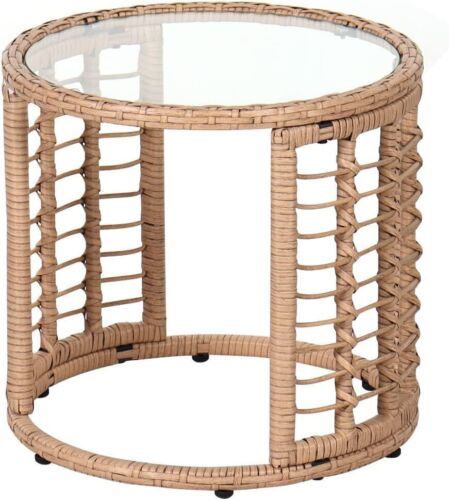 Outdoor Wicker Side Table, All-Weather Patio Rattan End Table with Glass Top, Ro