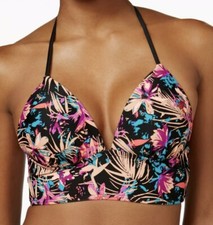 NWT Hula Honey Small Bikini Top Tropical Splash Printed Push-Up Padded Black S