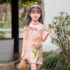 Kid Girl Chinese Satin Floral Cheongsam Qipao Side Slit Short Sleeve Dresses Fit