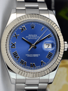 ROLEX-41mm-18kt-White-Gold-amp-Stainless-DateJust-II-Blue-Roman-116334-SANT-BLANC