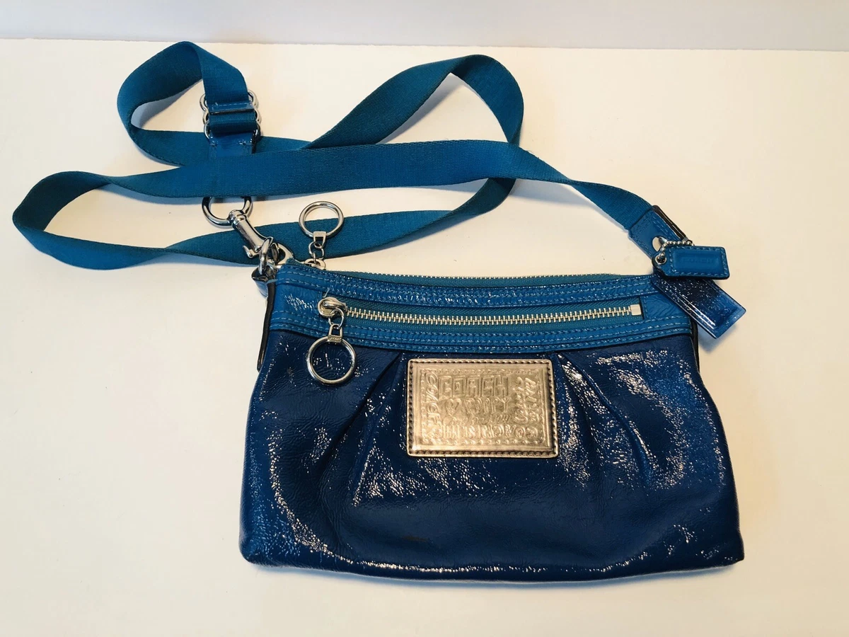 Coach Poppy Blue Patent Leather Adjustable crossbody Purse Leopard Print Inside