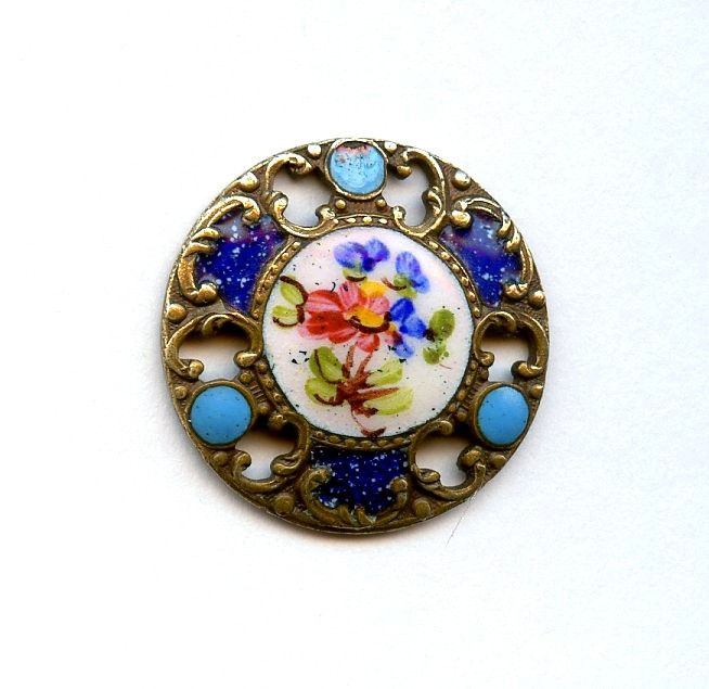 INCREDIBLE ANTIQUE OPENWORK ENAMEL  button--COLORFUL FLOWERS--just under 1"