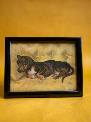 Johan von Holst Dachshund Print 1918  Old Framed Vintage Dog  Dachshund on Sofa 
