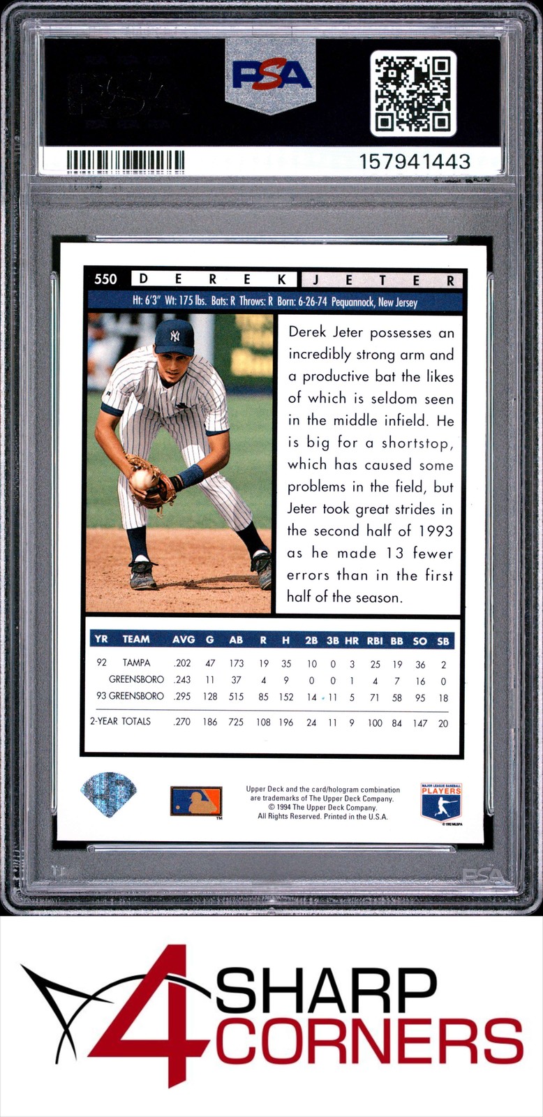 1994 UPPER DECK #550 DEREK JETER YANKEES HOF TOP PROSPECTS PSA 10 view 2