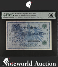 Germany 100 Mark 1908 (1918-22) P 34 Green S/N & Seal UNC PMG 66 EPQ 2nd TOP POP