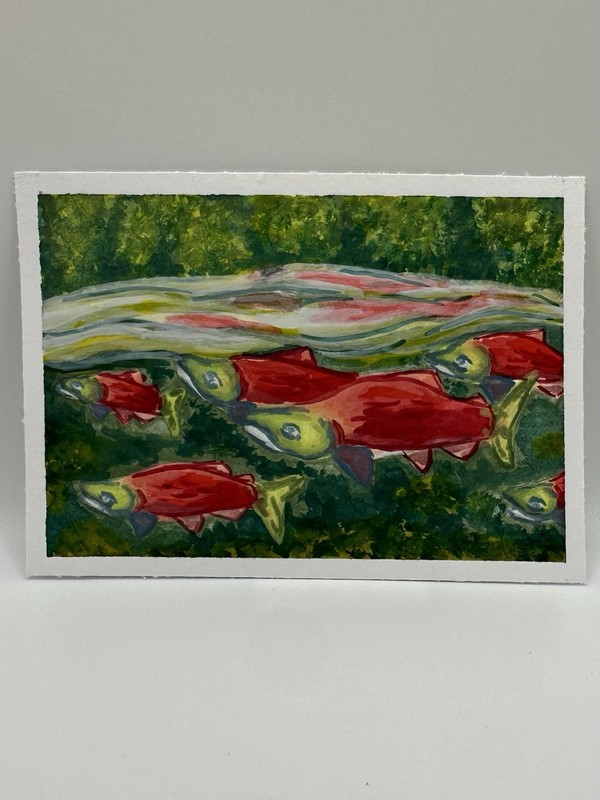 Original ACEO Salmon Fish Water Animal, Mini Painting 2.5”x3.5” Gouache Artwork
