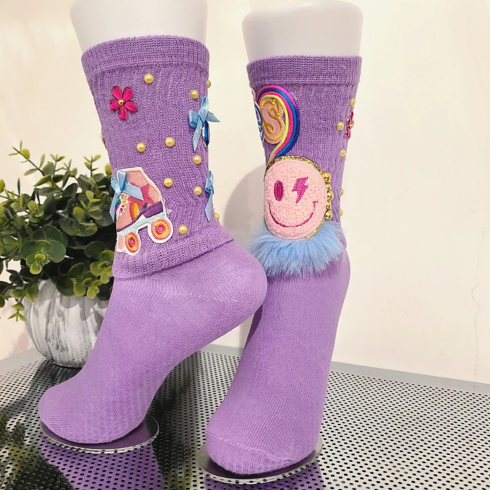 Girls Purple Junk Socks, Unique, Bright, Bold, Cotton Blend, Comfy Crew 9-12 Yrs - Image 2 of 4