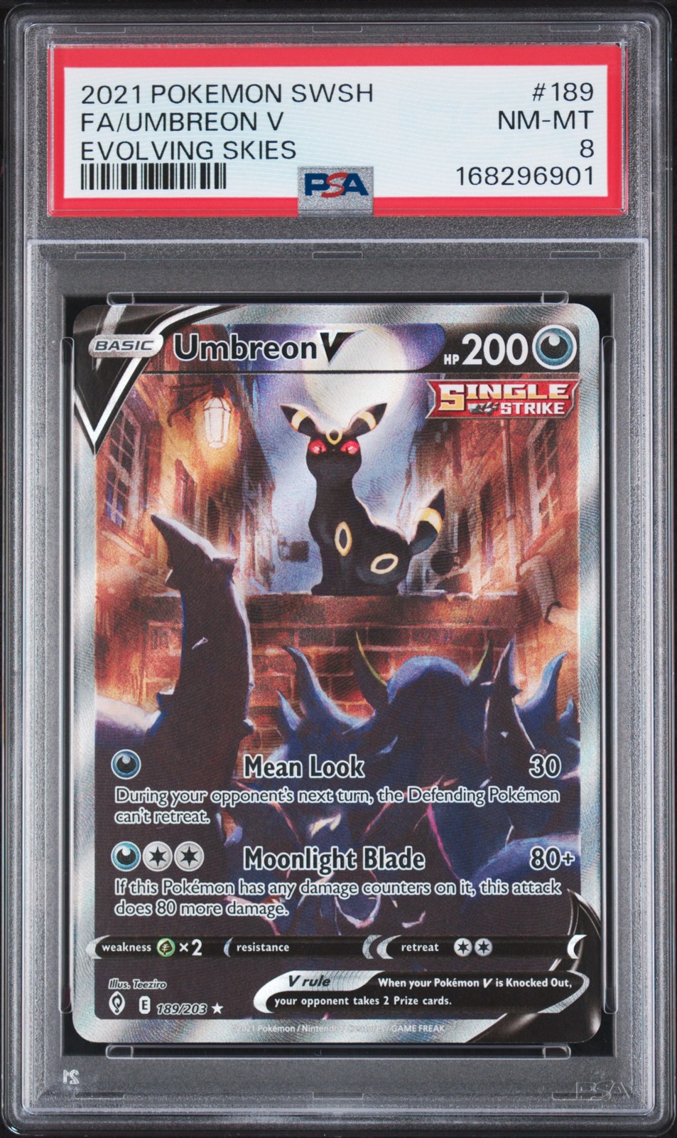 2021 POKEMON SWORD & SHIELD EVOLVING SKIES #189 FULL ART/UMBREON V PSA 8