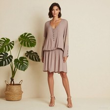 Boho Romantic Midi Dress Pink Lace Viscose Shift V-Neck Long Sleeve M